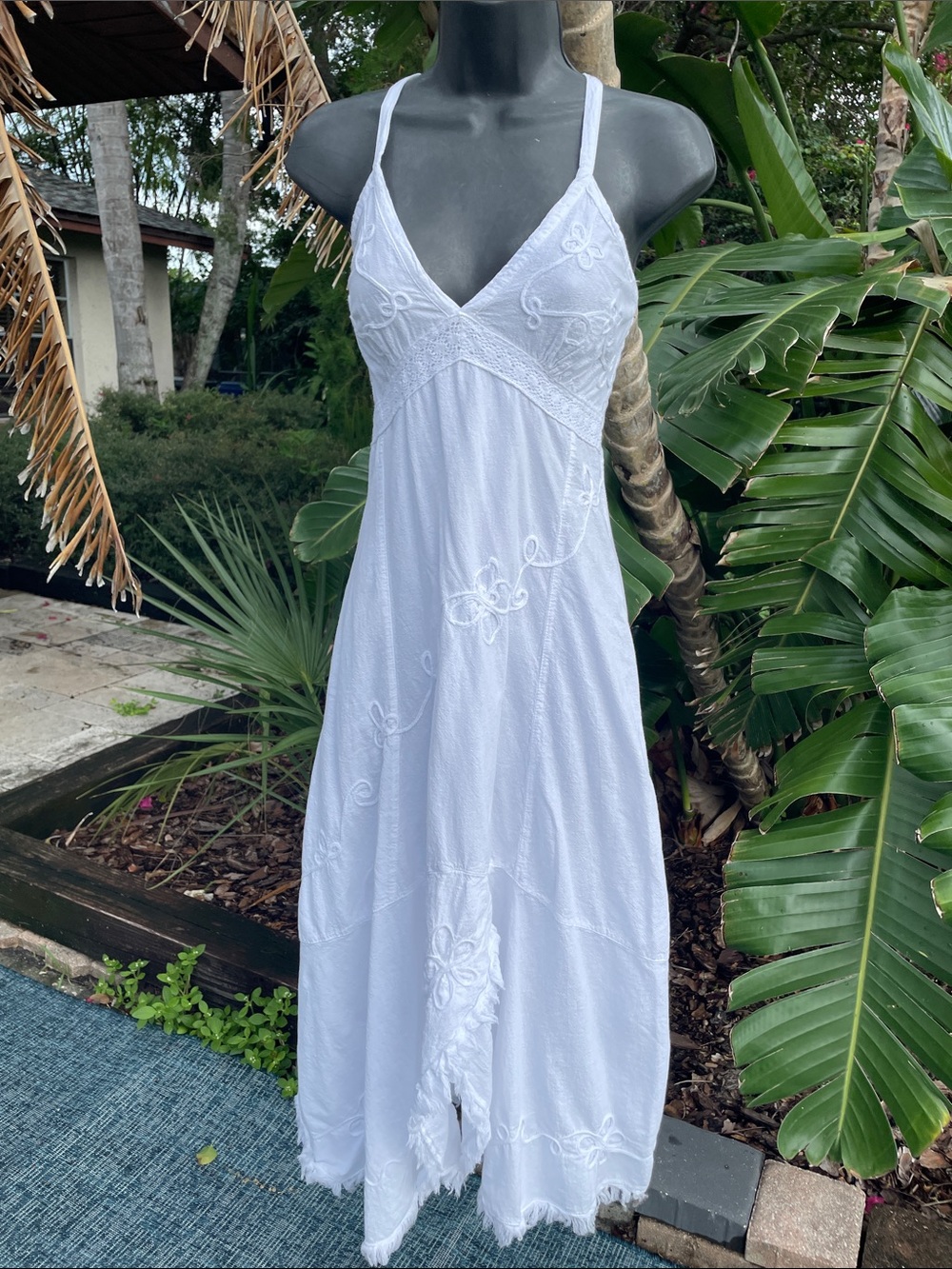 White cotton, raw edge tie, back slip style high, low dress